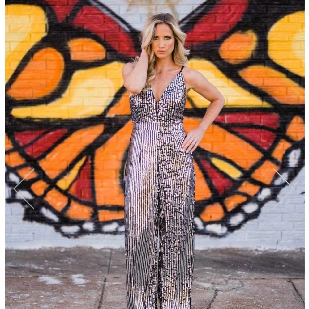 Southern Fried Chics Sequin Black Silver Jumpsuit Size M NWT